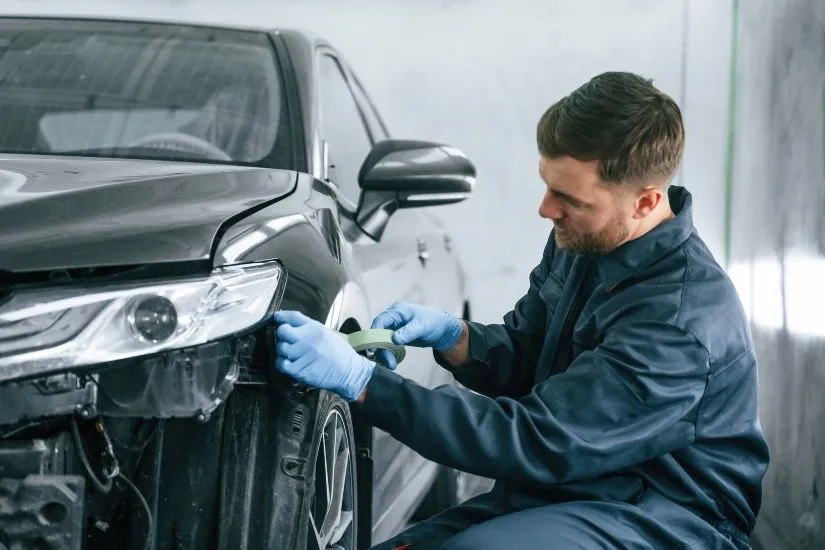 Man repairing damaged car at auto body shop